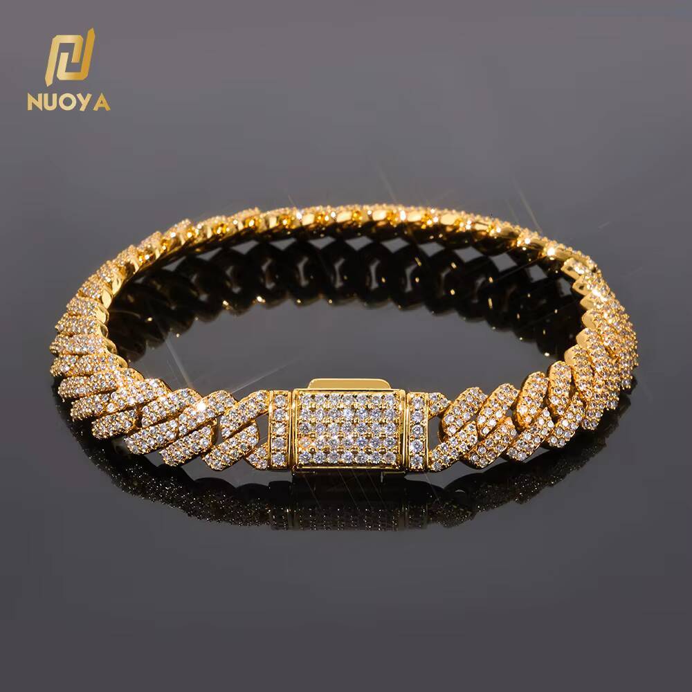 NUOYA Hip Hop Fine Jewelry 8mm Flip Button Diamond Double Row Diamond Bracelet Gold Plated Iced Out CZ Cuban Link Chain