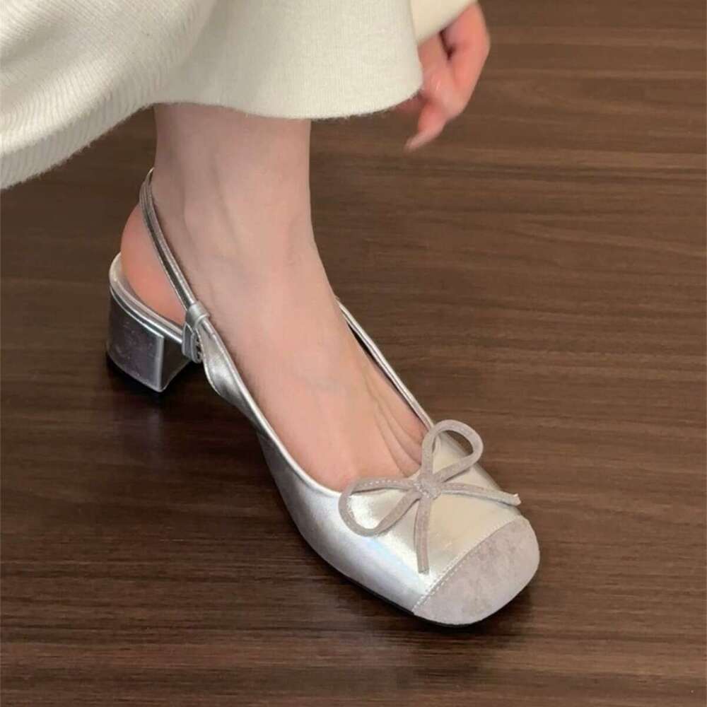 French Style Mid-High Heel Silver Closed-Toe Sandals Fairy 2025 New Spring Designer Shoe Summer Bowknot Dress Shoes
