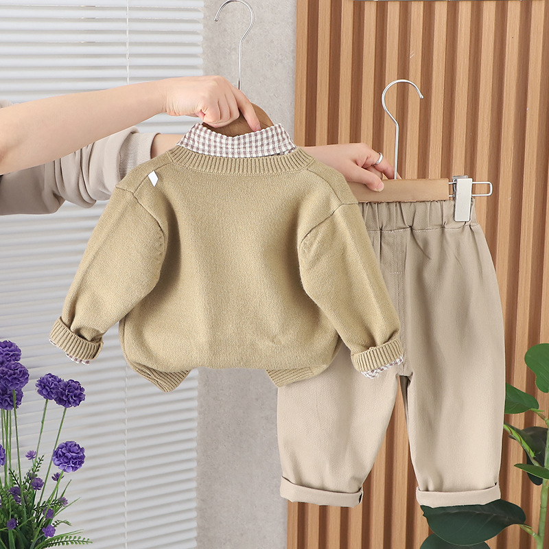 Boys' Spring Set 2025 New Fashionable Children's Standard Long Sleeve Sweater Coat Baby Casual 3-Piece Set Free Shipping Designer