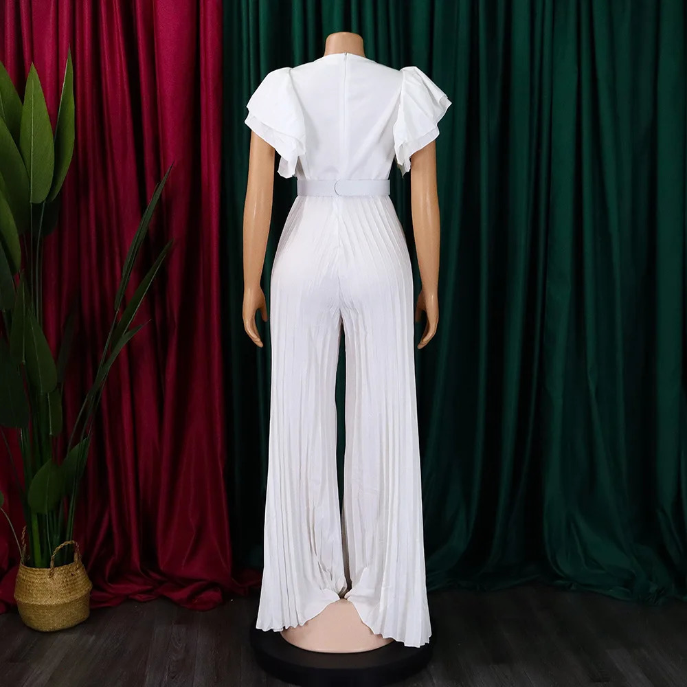 Elegant Pleated Jumpsuits Rompers for Women V Neck Ruffles Belt Waisted High Waisted Floor Length Birthday Party Outfit 251016