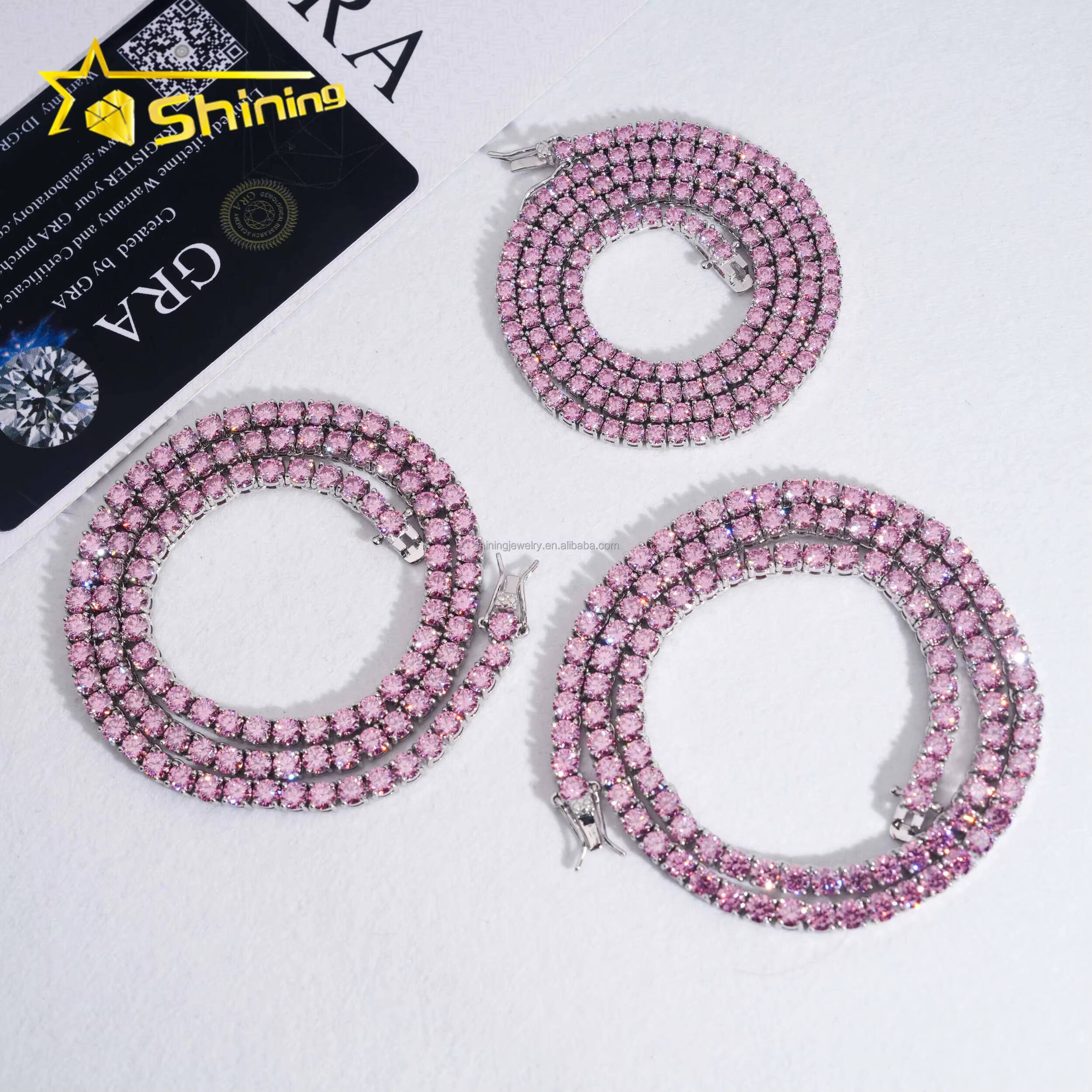 New Arrivals 3mm 4mm Hip Hop Fashion Jewelry Pink Moissanite Tennis Chains 925 Sterling Silver Iced Out Tennis Chain