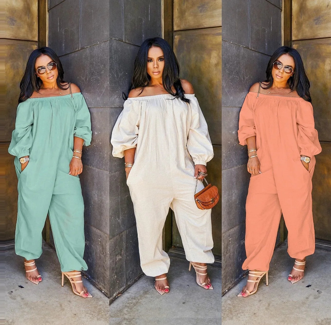 Solid Off Shoulder Jumpsuit for Women Casual Long Sleeve Rompers Loose Solid Color Cross Pants Casual Overalls Jumpsuits 251016