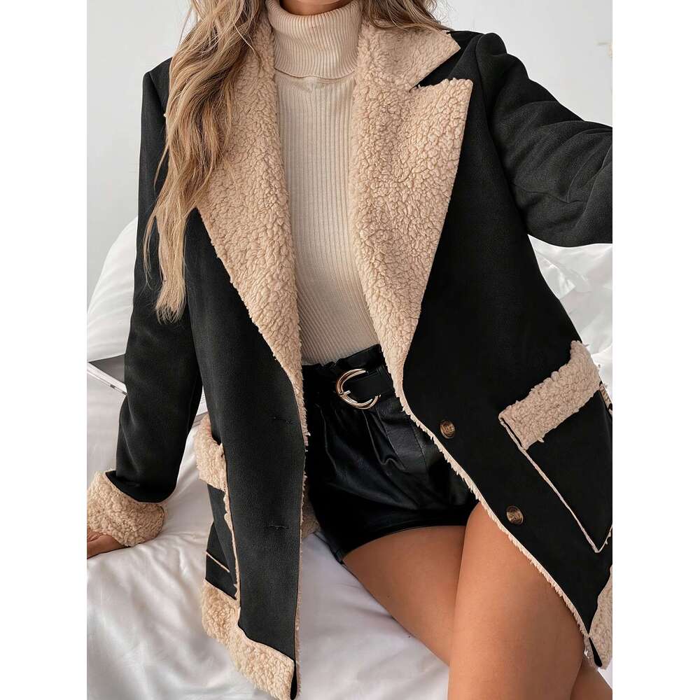 Elegant Women's Fleece-Lined Polyester Blazer, Solid Color, Long Sleeve, Woven Fabric, For All-Season Jacket