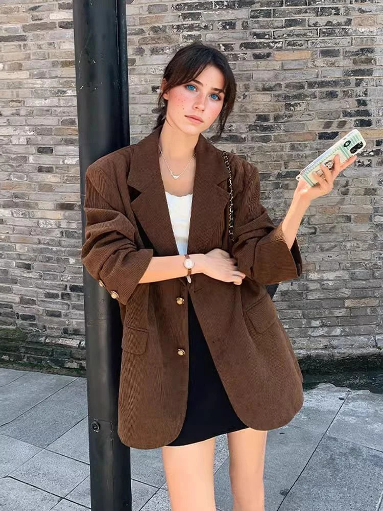 Type Womens Blazer Autumn Fashional Vintage Corduroy Single Breasted Solid Color Loose Coat Ladys Casual Blazer Clothing 251015