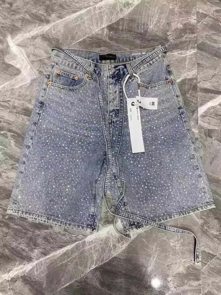 Streetwear Vintage Rhinestone Sequin Denim Short Y2K Jeans Hip Hop Washed Shiny Baggy Shorts Low Waist Casual Over The Knee Pant 251018