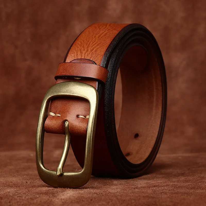 38 Width High Quality Pure Cowhide Thick Real Genuine Leather Mens Fashion Brass Buckle Belts Luxury Brand Jeans Belts for Men W251018