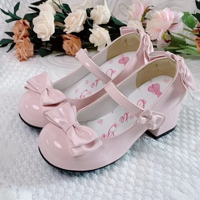 Lolita Style Cute Round Head Jane Pumps With Bow Womens Sweet Party Dress Midi Heels Shoes Fashion PU Sandals 251010