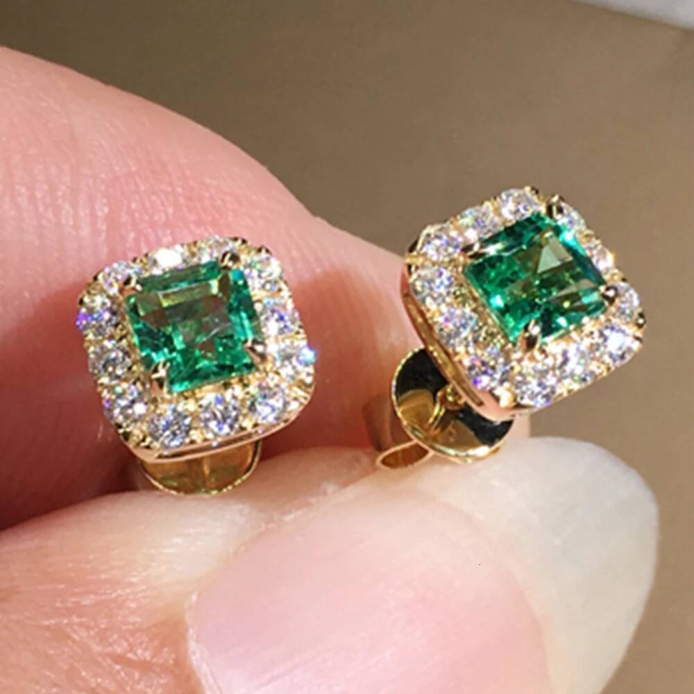 Designer earrings Green CZ Stud Earrings for Women Gold Color Luxury Bride Wedding Earrings Elegant Ear Accessories Party Jewelry