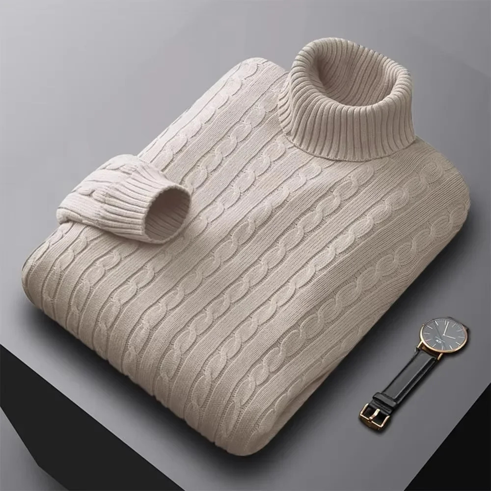 Autumn Mens Turtleneck Jacquard Sweater Solid Color Knitted Pullover Casual Warmth High Elastic Versatile Male Sweatwear 251015