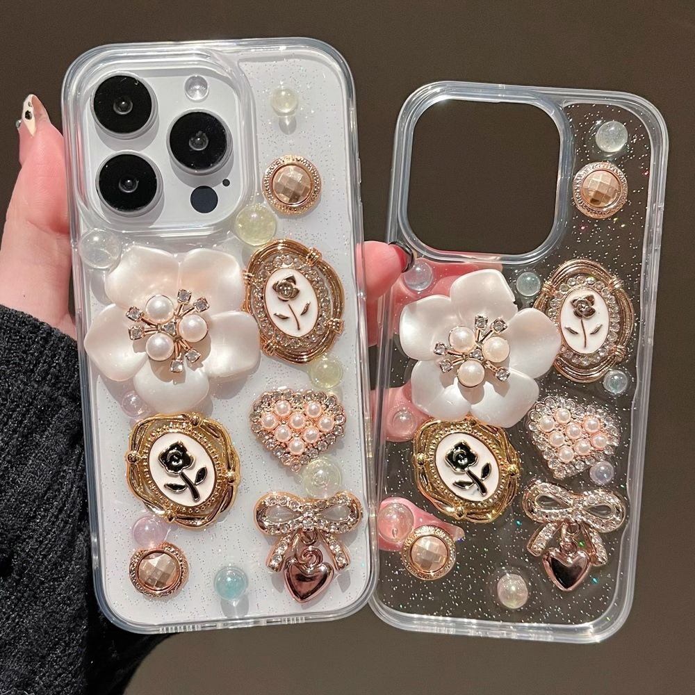 Compatible with iPhone 17 Pro Max Case 3D Camellia Flower Gem Case Bling Glitter Clear Case for Girls Women Cute Sparkly Shiny Crystal Girly Luxury Fa