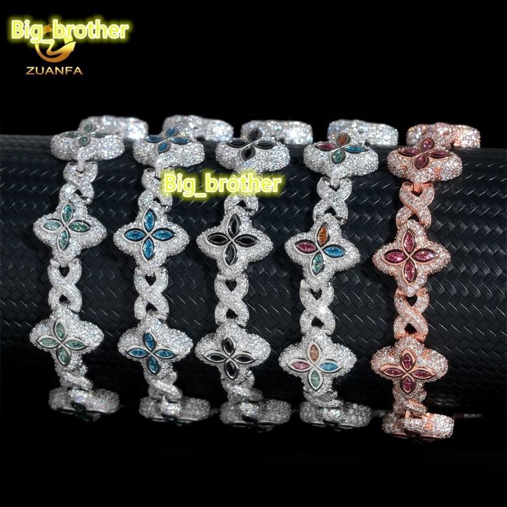 Hot Selling Colorful Hip Hop Iced Out Jewelry 15mm 925 Silver Clover Cuban Moissanite Infinity Link Bracelet for Men