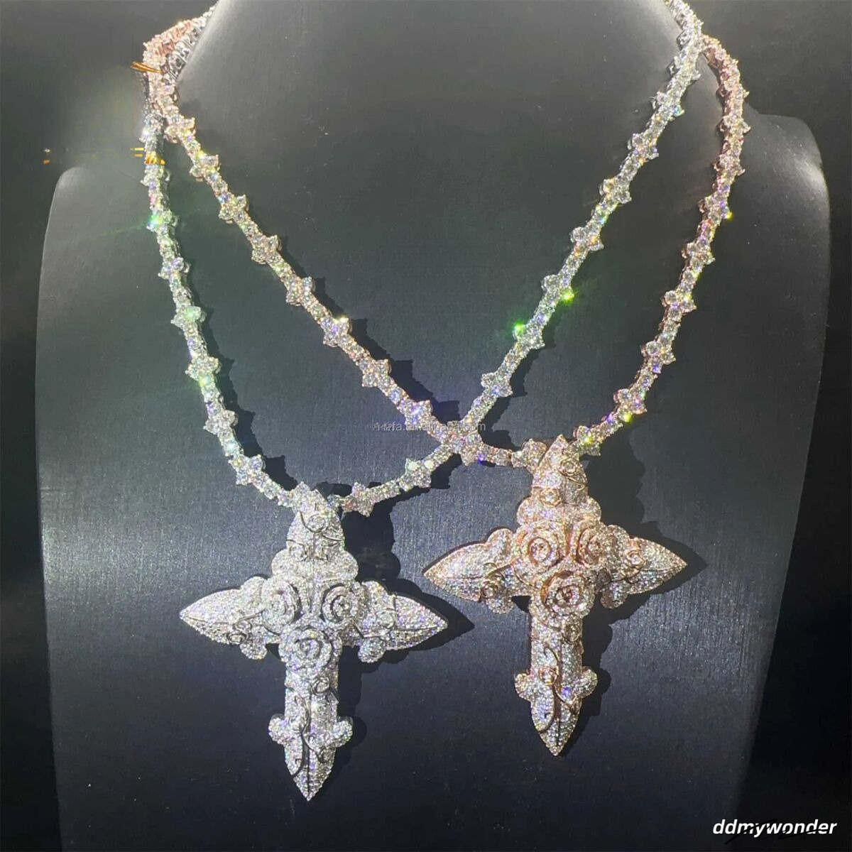 In Stock Fashion Man Jewelry Gold Color Hip Hop S Vvs1 Moissanite Dia Rose Flower Cross Pendant Necklace Set Ddmywonder