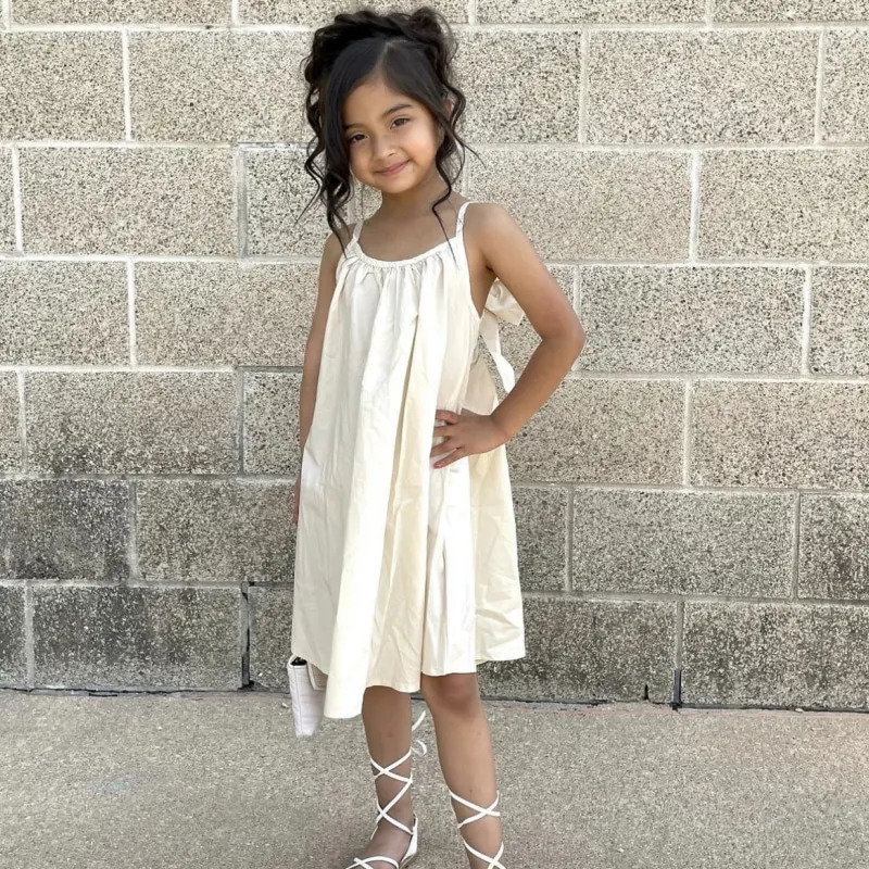Fashion Baby Girl Princess Cotton Strap Dress Bow Infant Toddler Child Suspender Vestido Solid Color Summer Baby Clothes 110Y 251014