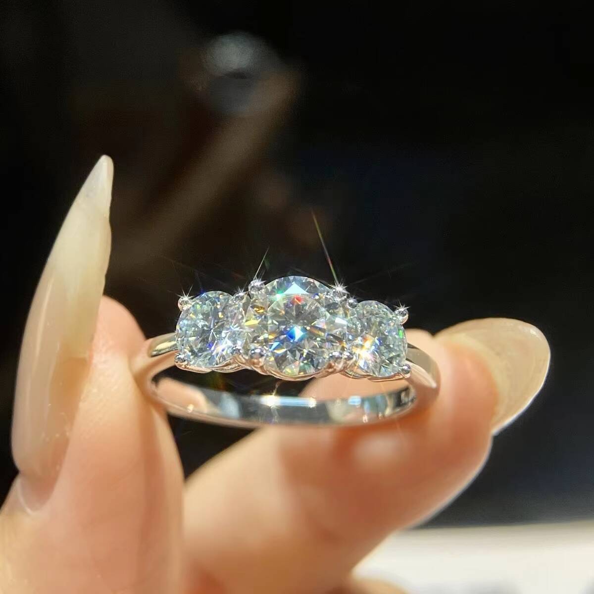 Factory Wholesale Rings Moissanite Jewelry 925 Sterling Silver Unique 3 Round Shape Gemstones Moissanite Ring for Women