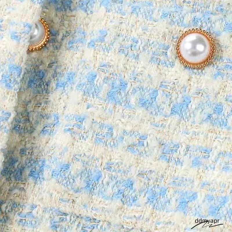 Cropped Cardigan: Elegant Single-Breasted Autumn/Winter Pearl Button Long Sleeve Outwear Top - ddmyApr Perfect For Chic Style, Ladies Blue Tweed Jacke