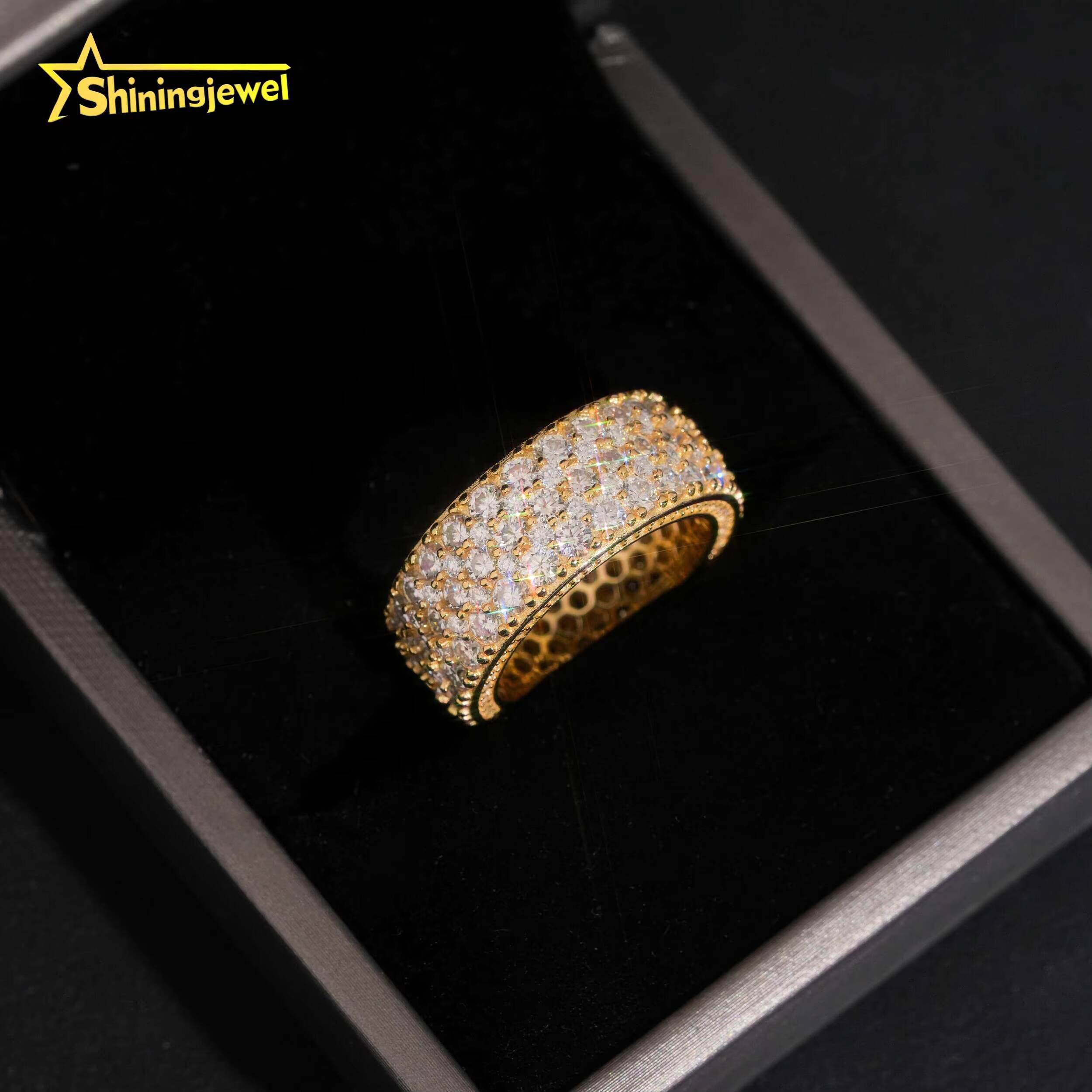Luxury 3Rows Round Cut Diamond Fully Iced Out Band Ring VVS Moissanite Hop Jewelry 925 Sliver Gold Plated Mens Rings
