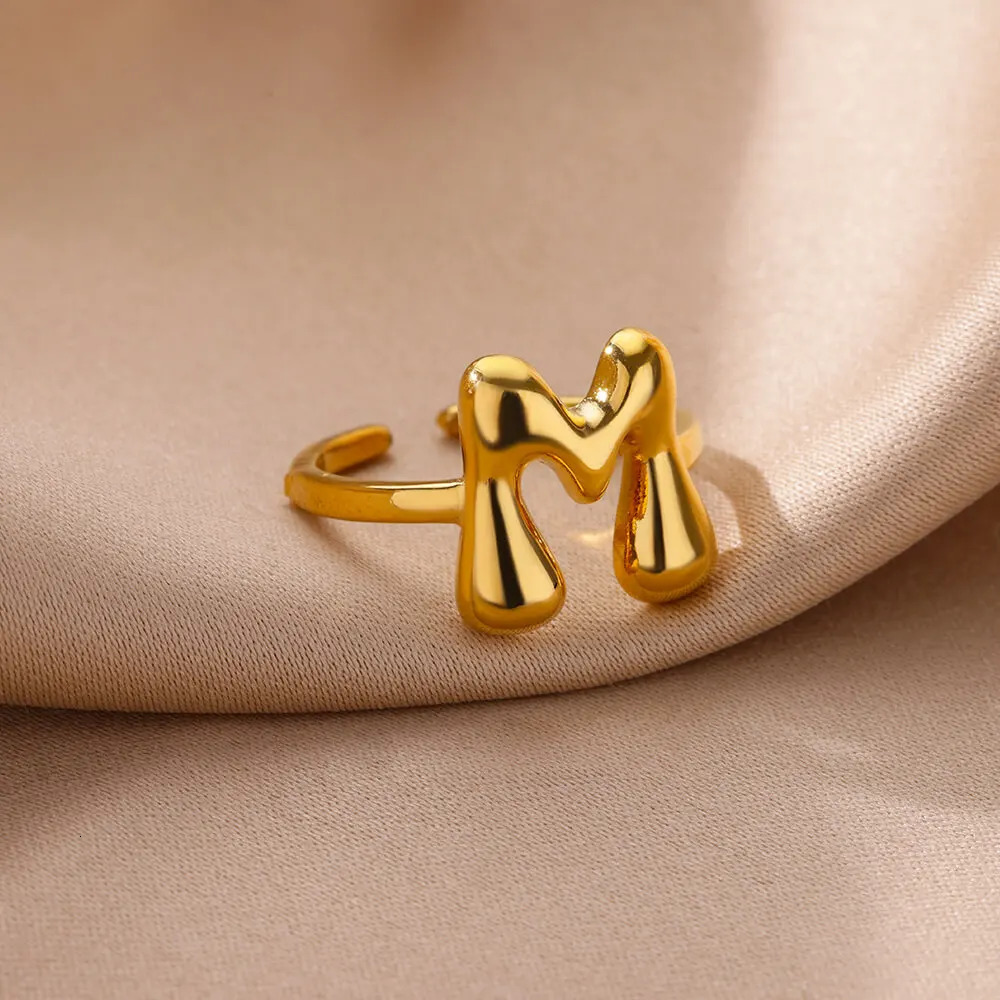 Gold Color Cute Bubble Letters Rings For Women Stainless Steel AZ Alphabet Opening Ring Wedding Party Christmas Jewelry 251014
