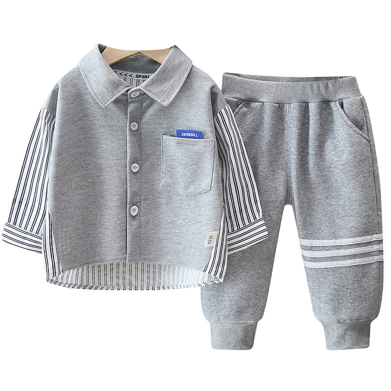 Children's clothing, boys' spring clothing, spliced vertical stripe shirt set, 2025 new style, small and medium-sized boys' sports, spr