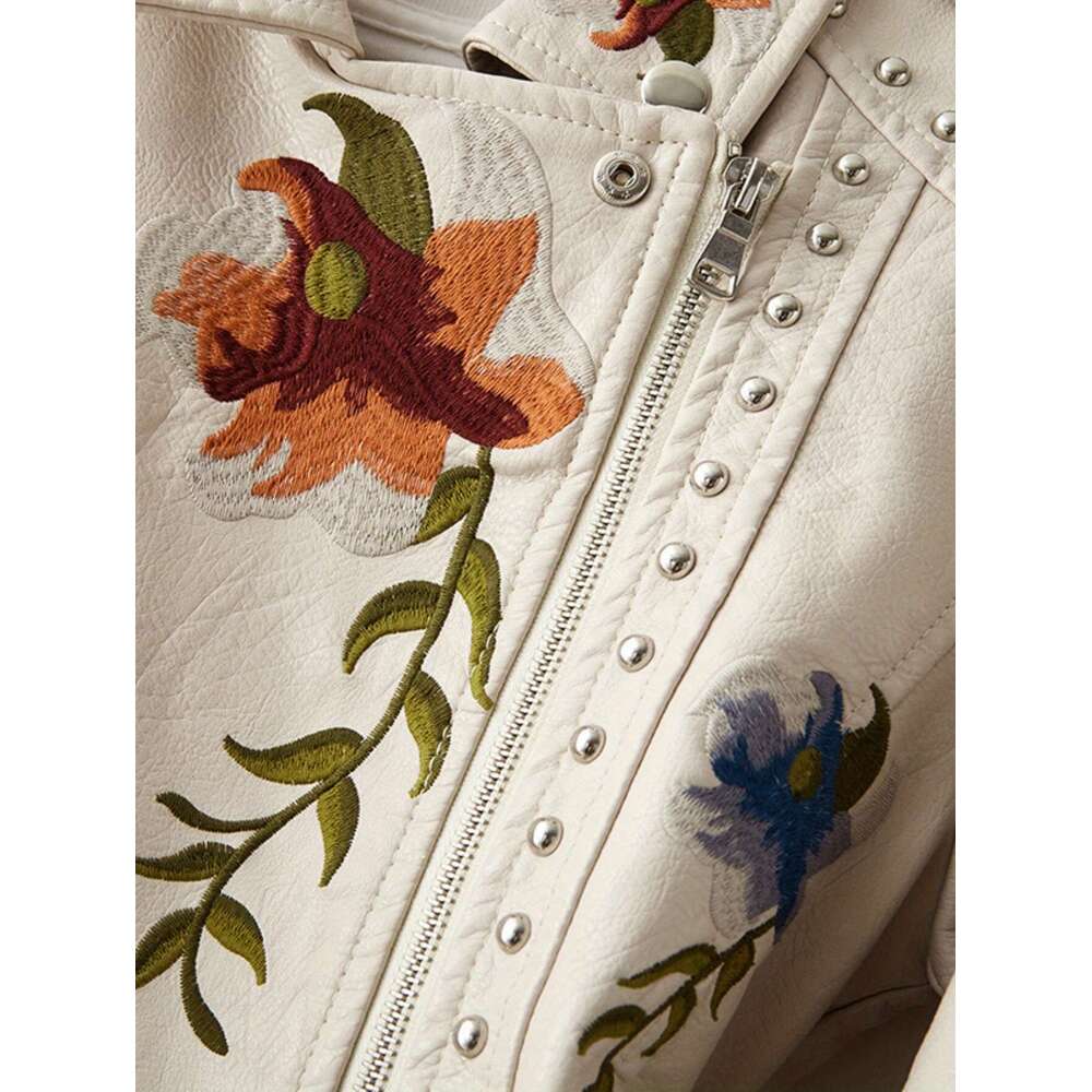 Women Floral Embroidered Moto PU Jacket Coat