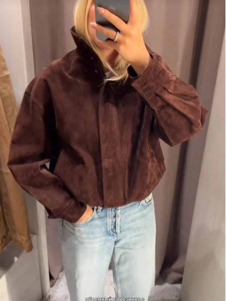Retro Suede Stand Collar Jacket Women Casual Chic Zipper Buttons Bomber Jackets Coat Female 2025 Autumn Versatile Street Outwear 251010