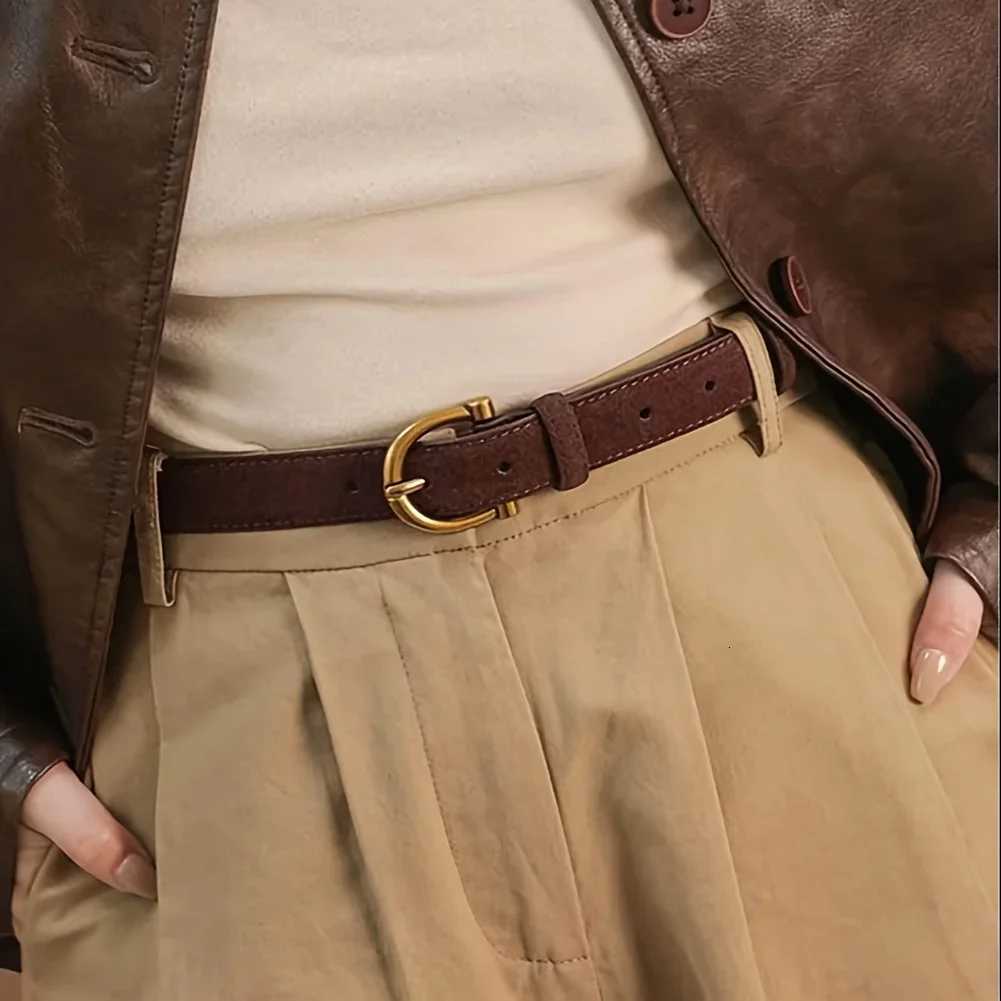 Suede Genuine Leather Belt for Women Brown Skinny Waistband Gold Buckle Belts for Casual Jeans and Pants W251018