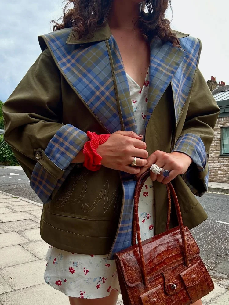 Reversible Oversized SingleBreasted Jacket Women Tied Collar Contrast Autumn Versatile Coat Urban Chic Lady Outerwear 251016