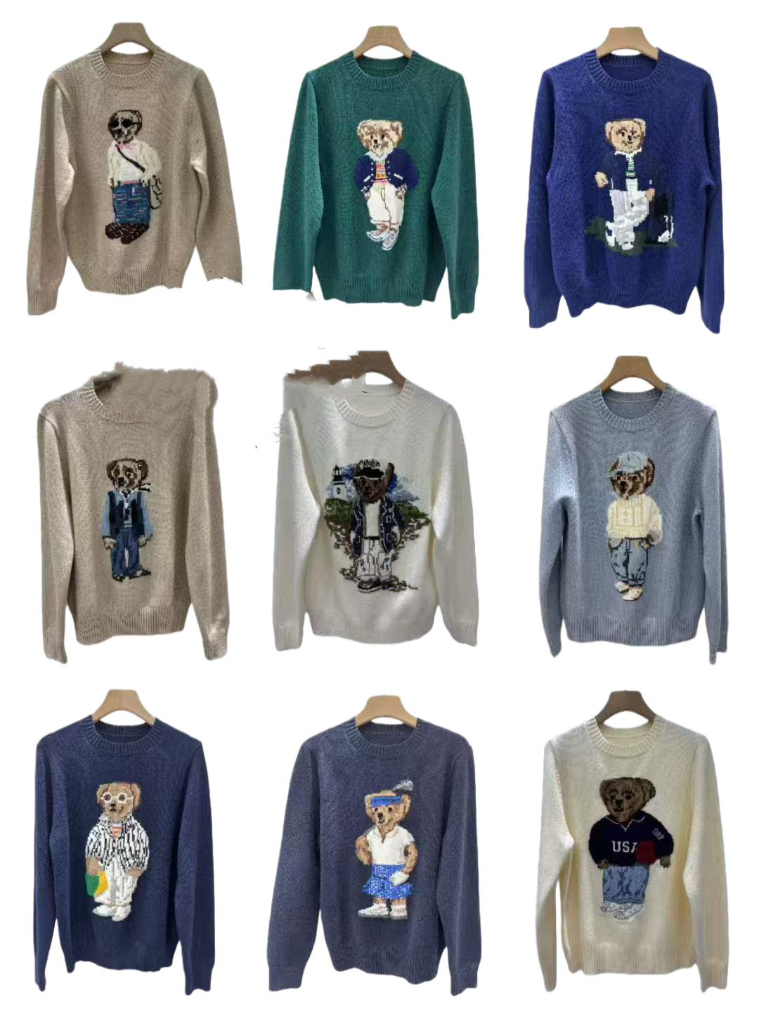 Designer brand, hot-selling knitted long-sleeved sweater with cartoon pattern and embroidered wool round neck.
