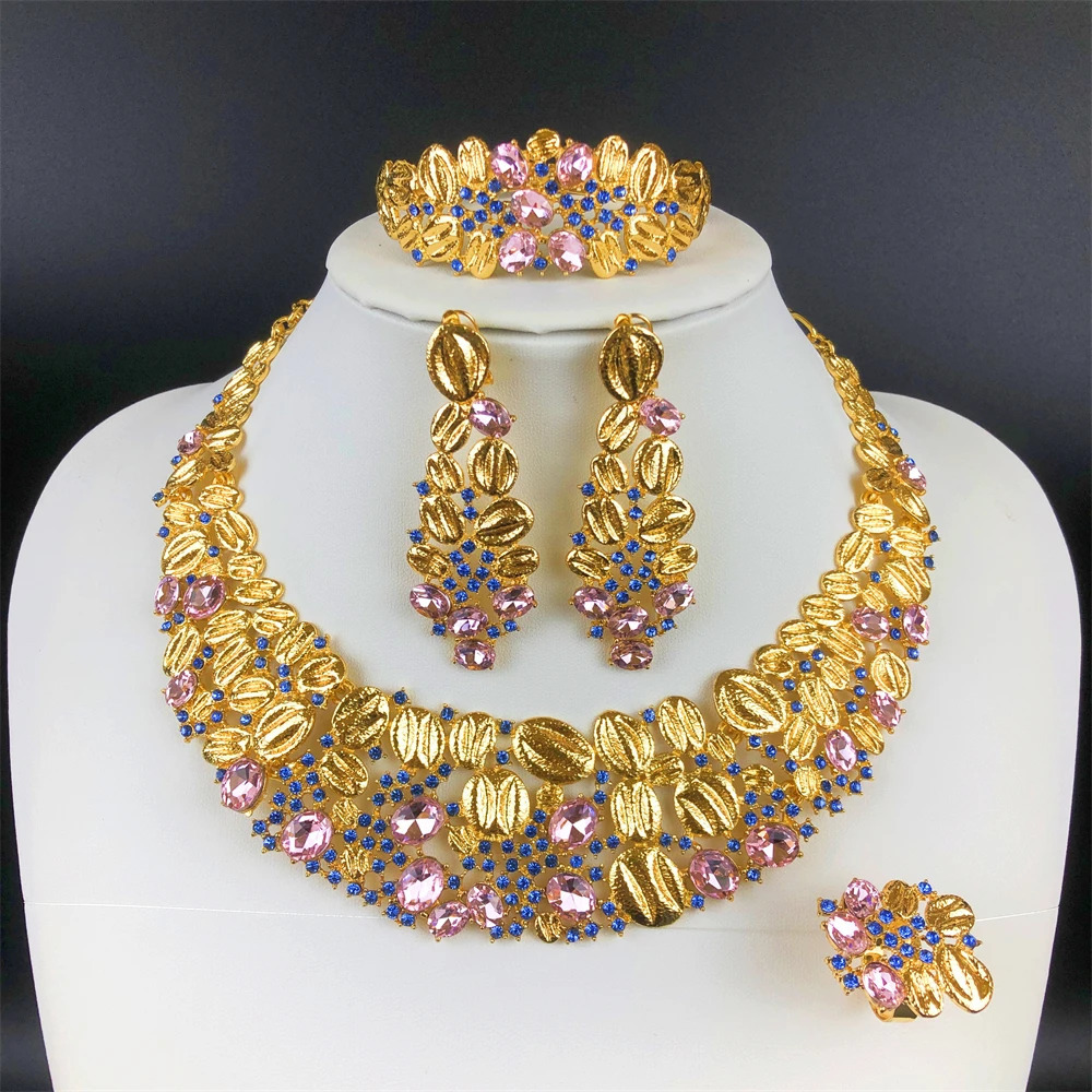 ESALE Vintage Opal Jewelry Set For Women Necklace Earrings Bracelet And Ring 18K Gold Plated Dubai Nigeria Jewelry 251016