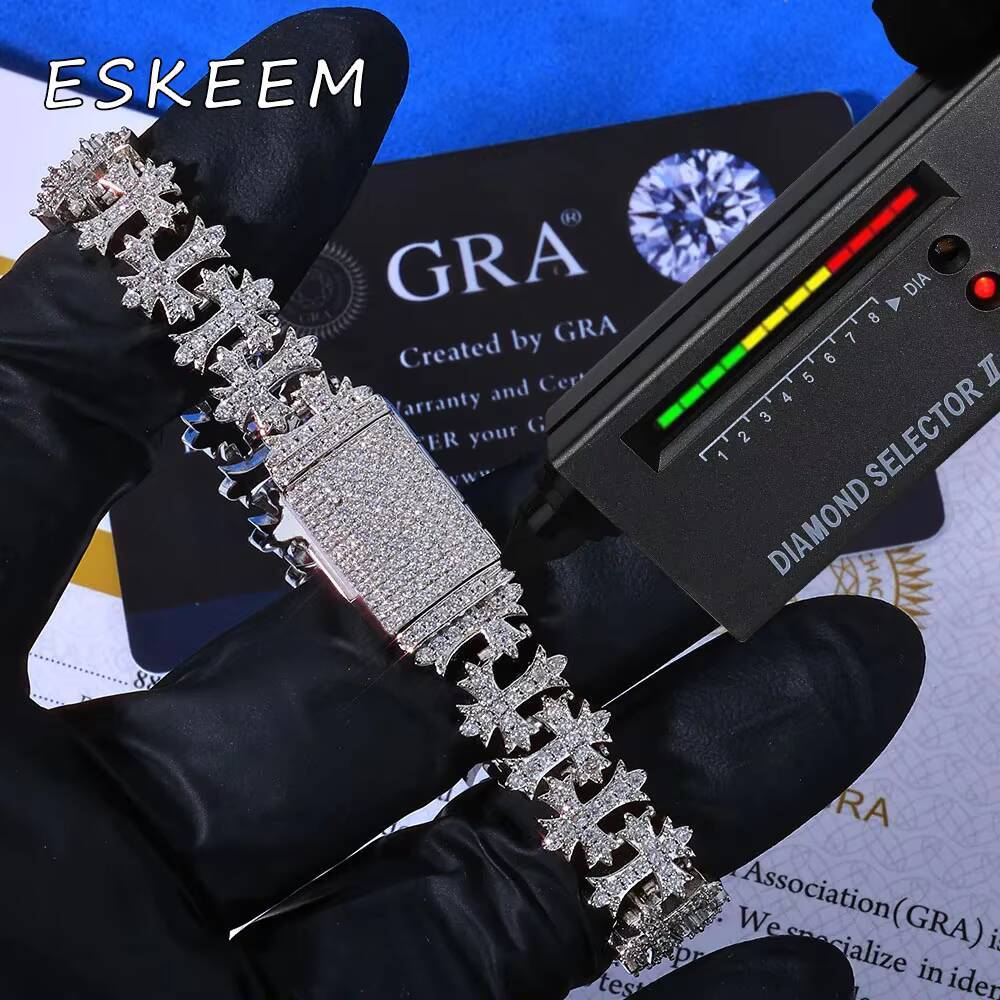 Eskeem Luxury Cross Cuban Chain Bracelet 8511MM Size 925 Silver VVS Moissanite Hip Hop Fine Jewelry