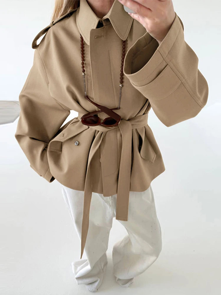 Chic Casual Lapel Trench Jacket Coat Women Elegant Loose Single Breasted Short Jackets With Belt Lady 2025 Retro Street Outwear 251010