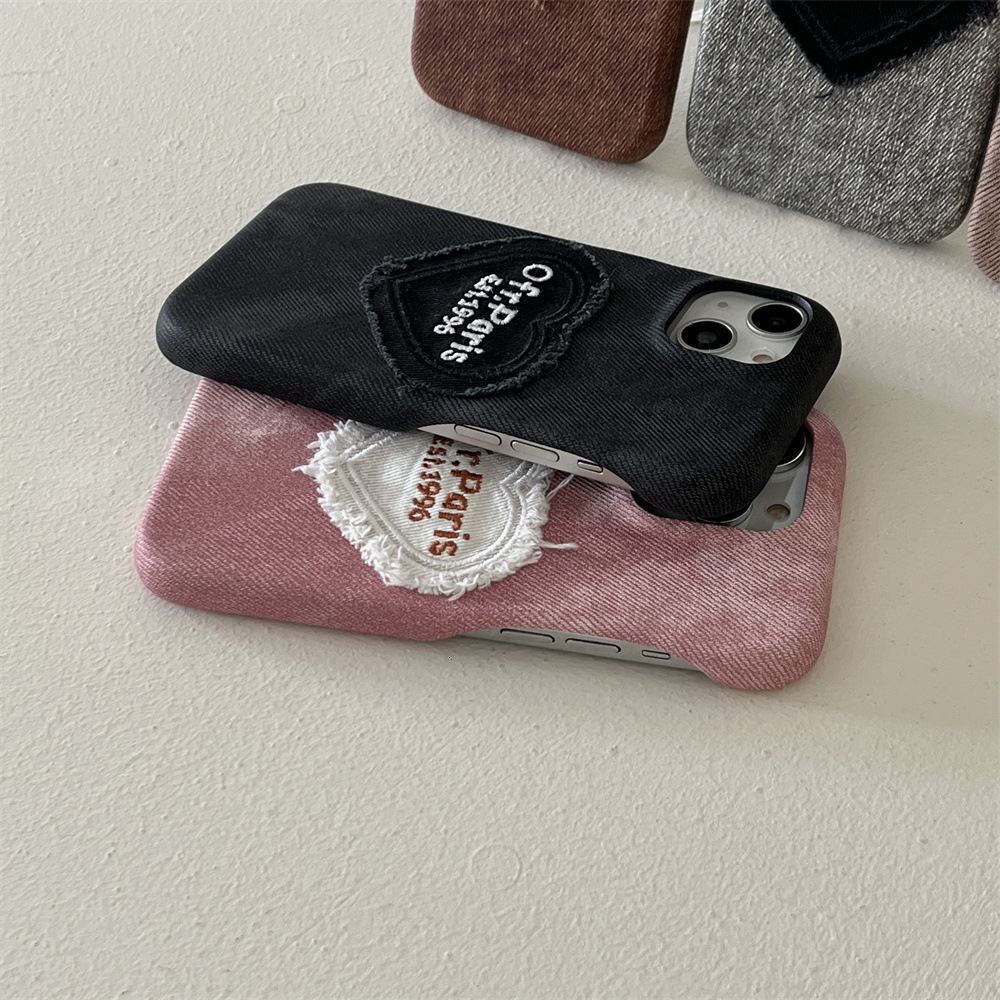 Suitable for iphone 17/16/15/14 Pro Max Denim Embroidered Heart Phone iPhone 13/12 Cartoon Case