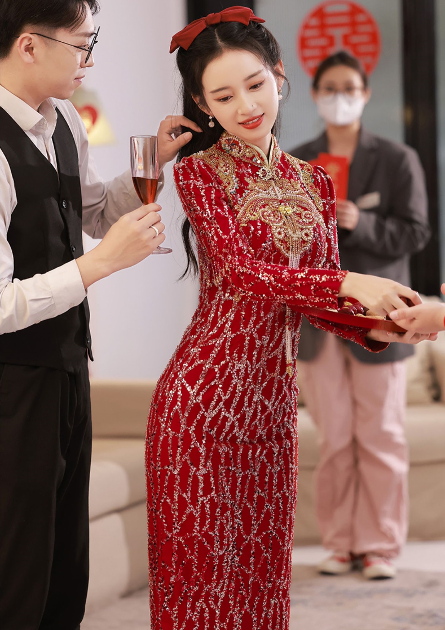 in OrientTown Wine Red Long Sleeve Bridal Gown Stand Collar Embroidery Cheongsam Brides Wedding Elegant Evening Dress in041