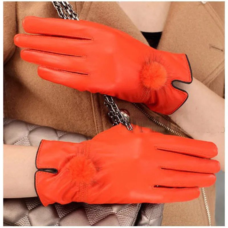 Genuine Leather Glove Women Warm Fashhion Winter Ladies Hand Warmer Gloves With Natural Mink Fur Ball Glove With Finger 251015