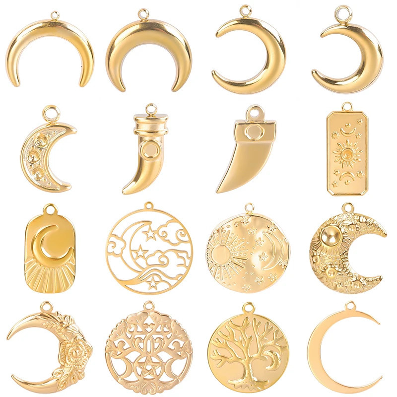 5pcsLot Different Syle Moon Charms For Jewelry Making Supplies 18k Real Gold Plated Stainless Steel Charm In Bulk Women Pendant 251008