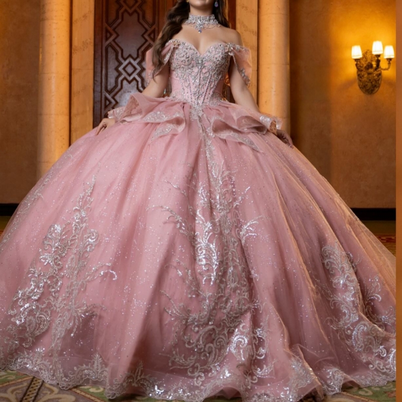 Pink Shiny Quinceanera Dresses Off The Shoulder Silvery Applique Lace Beading Crystal Tull Corset Party Birthday Sweet 16 Dres Vestidos 15 De Anos