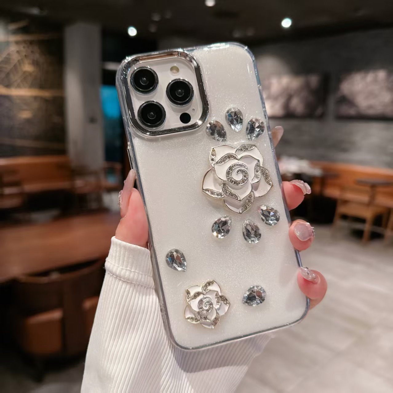 iPhone 17 Pro Max Rhinestone Case, Cute 3D Glitter Sparkle Bling Luxury Shiny Crystal Diamond Camellia Protective Case