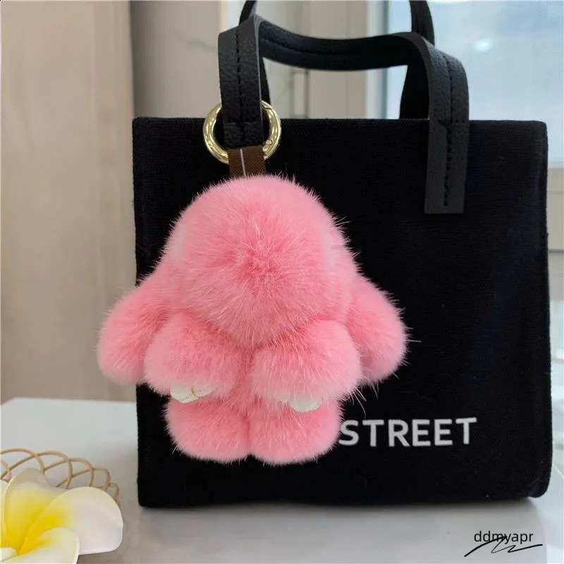 Cute Long Ear Bunny Keychain Real Mink Fur Rabbit Doll Pendant Toys Keyring Handbag Charm Ornament Pompom Plush Jewelry ddmyApr Gifts Y240829