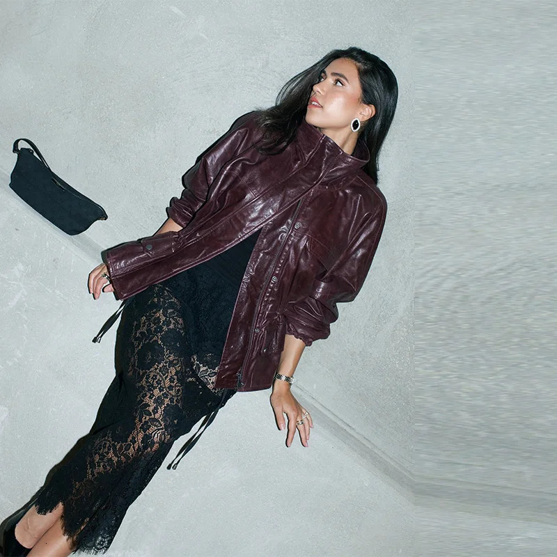 Retro PU Leather Stand Collar Jacket Women Fashion Wine Single Breasted Waistcinching Jackets Lady 2025 Chic Street Outwear 251010