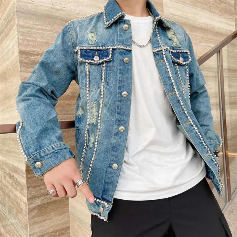 Diamond Border Printing Fashion Mens Denim Slim Fit Bomber Jacket Mens Autumn Casual Hip Hop Denim Jacket Veste En Jean 251014