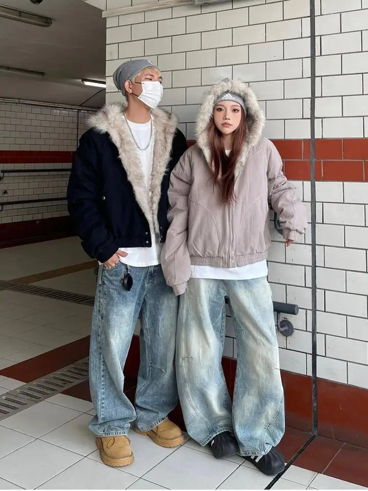 Y2K Winter Men Coat Casual Thick Warm Harajuku Punk Parka Streetwear Loose Hooded Faux Mink Collar Couple 251018