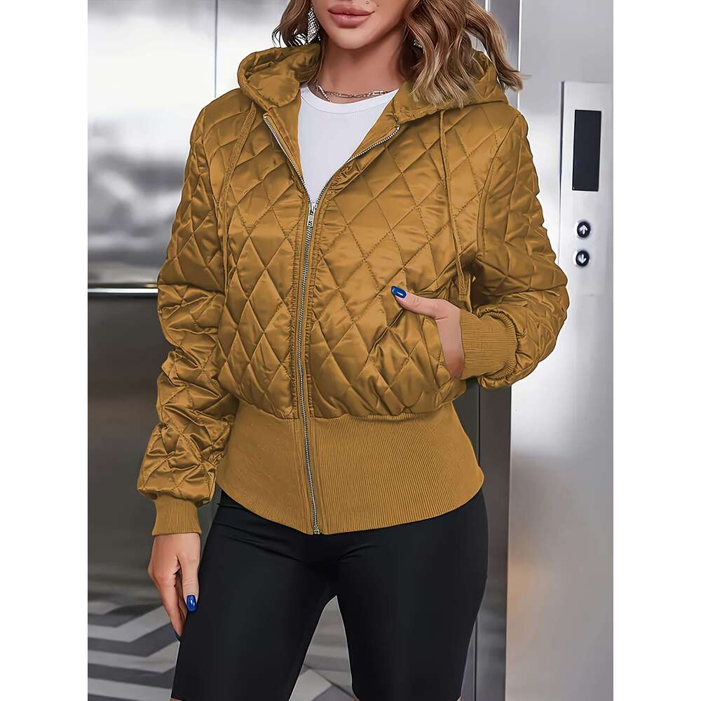 Women's Thick Zip-Up Hooded Jacket Olive Green Full-Zip Front Closure, Non-Stretchy Structured Fit Coat For Casual, Formal, - Hine Washable Outer