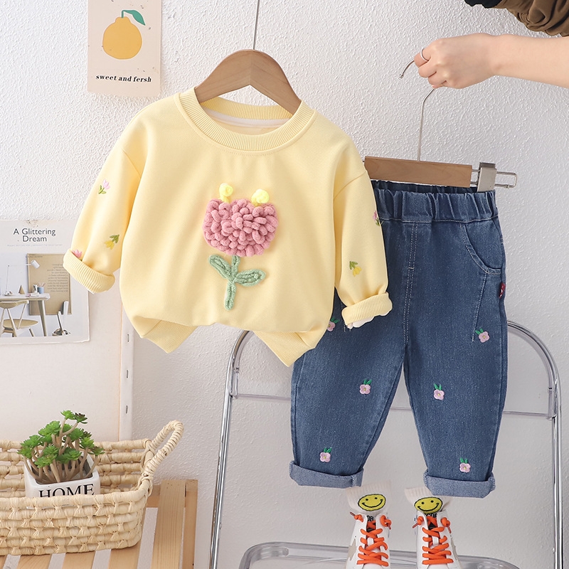 Girls' set 2025 Spring and Autumn new Korean version fashionable flower round neck long sleeved two-piece set free shipping designer