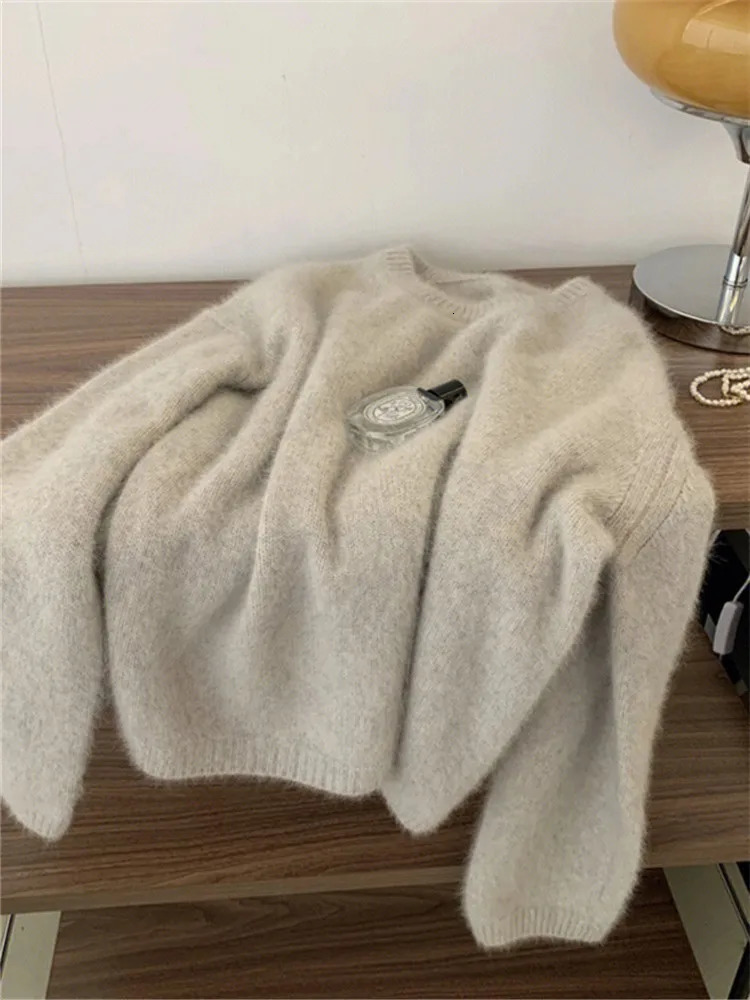 Soft Plush Sweater Womens Autumn Winter ONeck Loose AllMatched Knit Pullover Korean Style Solid Mohair Long Sleeved Top 251009