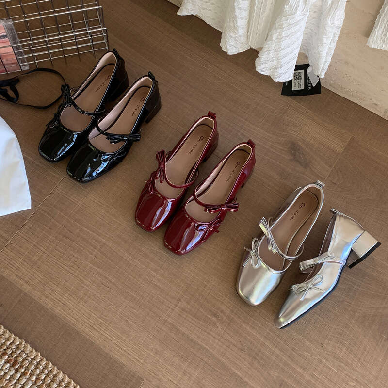 French Bowknot Single for Women 2025 New Summer Soft Sole Shallow Mary Jane Square Designer Shoe Toe Patent Leather Ballet Shoes