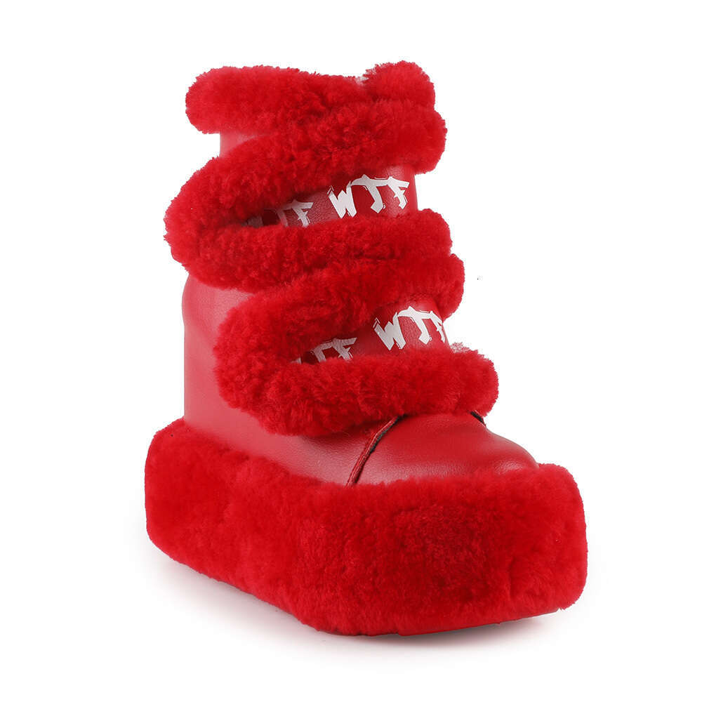 Women Cozy Faux Fur Hidden Wedges Platform Winter Ankle Boots Red