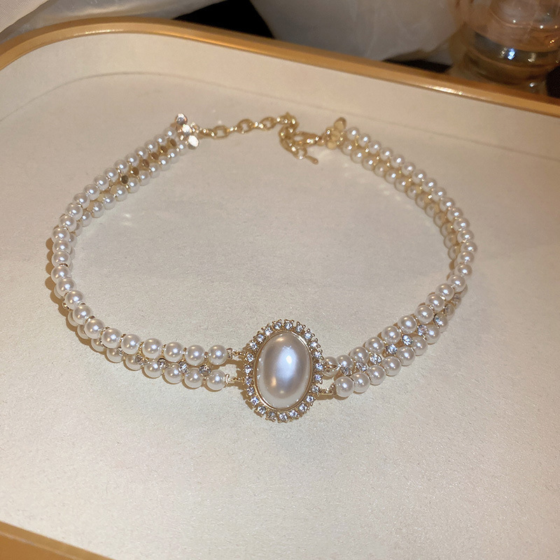 Baroque Oval Pearl Inlaid Dia Double Layer Fashionable Elegant Choker Forest Style Exaggerated Versatile Women's Necklace