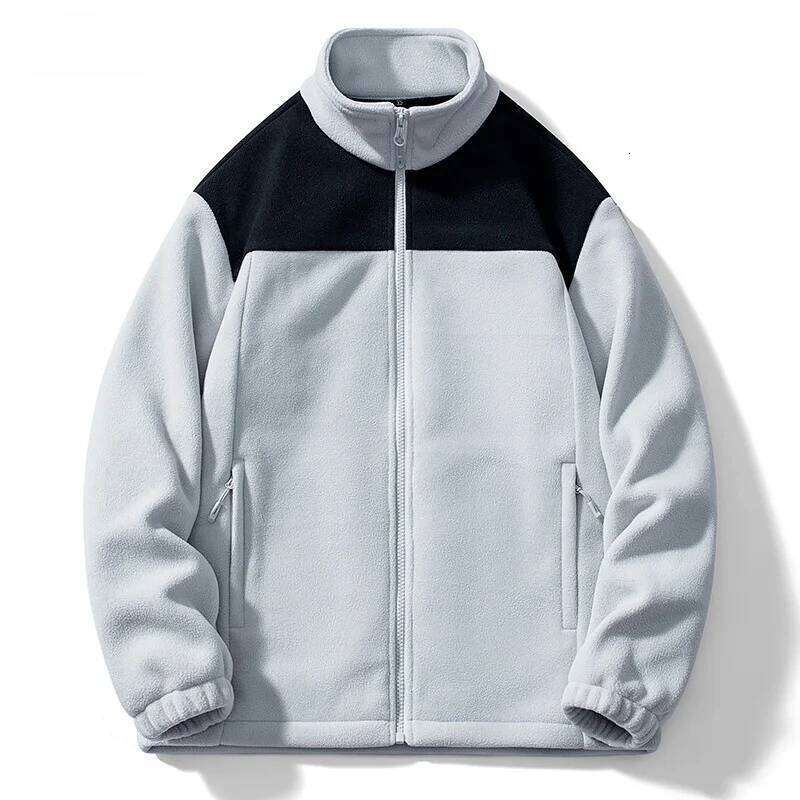 Winter Warm Man Stand Collar Contrasting Color Cardigan Polar Coat Thickened Fleece Outdoor Windproof Jacket