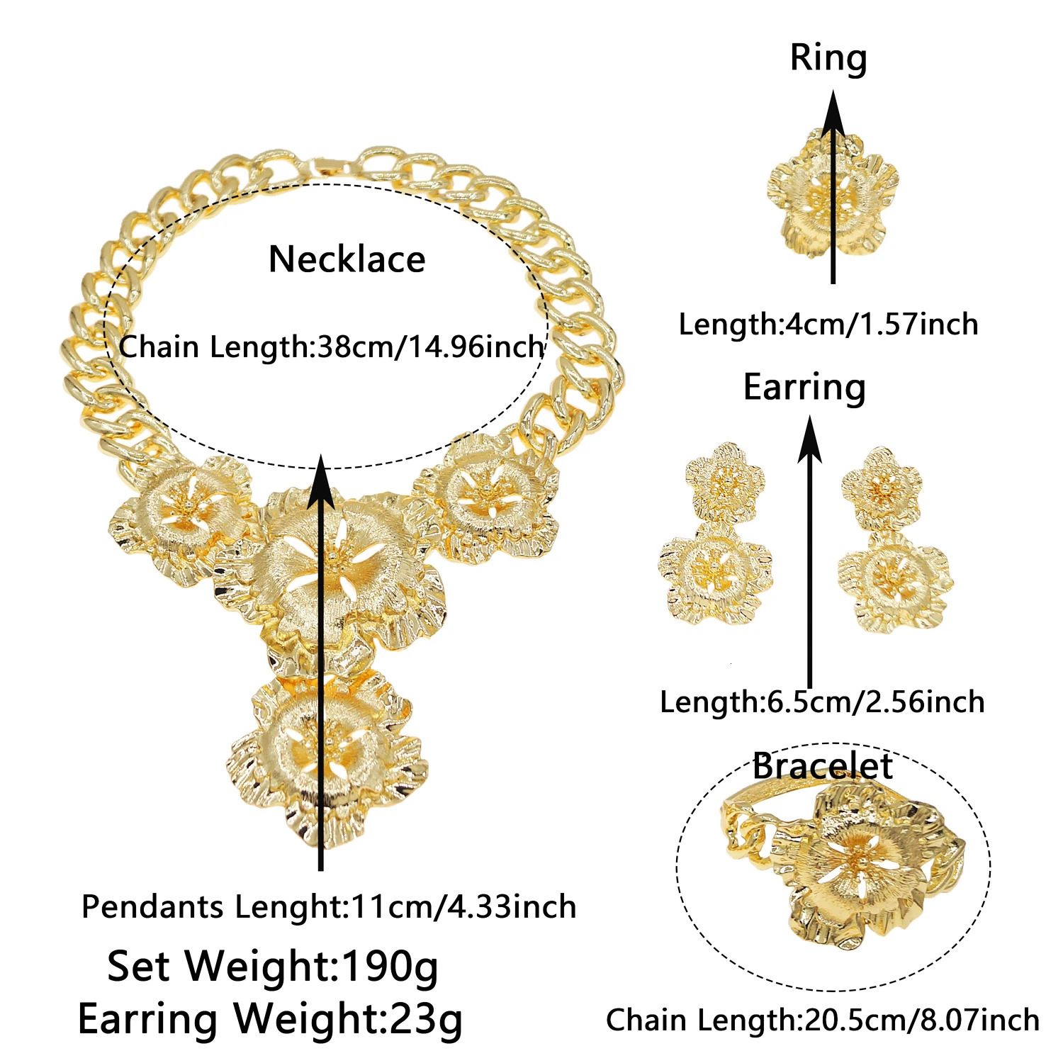 Necklace For Women Fashion Cuban Chain Necklace Gold Flower Pendant Wedding Bijoux Gold Plated Earrings Ring SYHOL 251016