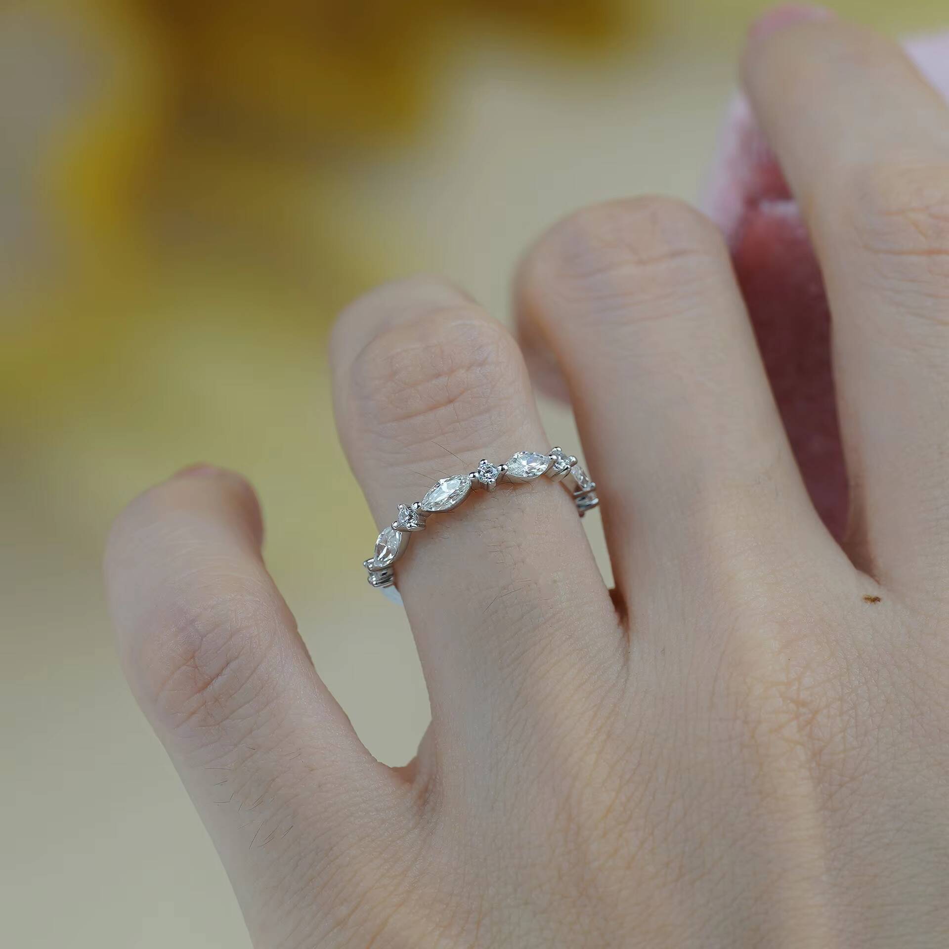 Fashion Jewelry Moissanite Diamond Marquise Round Shape Eternity Band S925 Sterling Silver Wedding Ring for Women