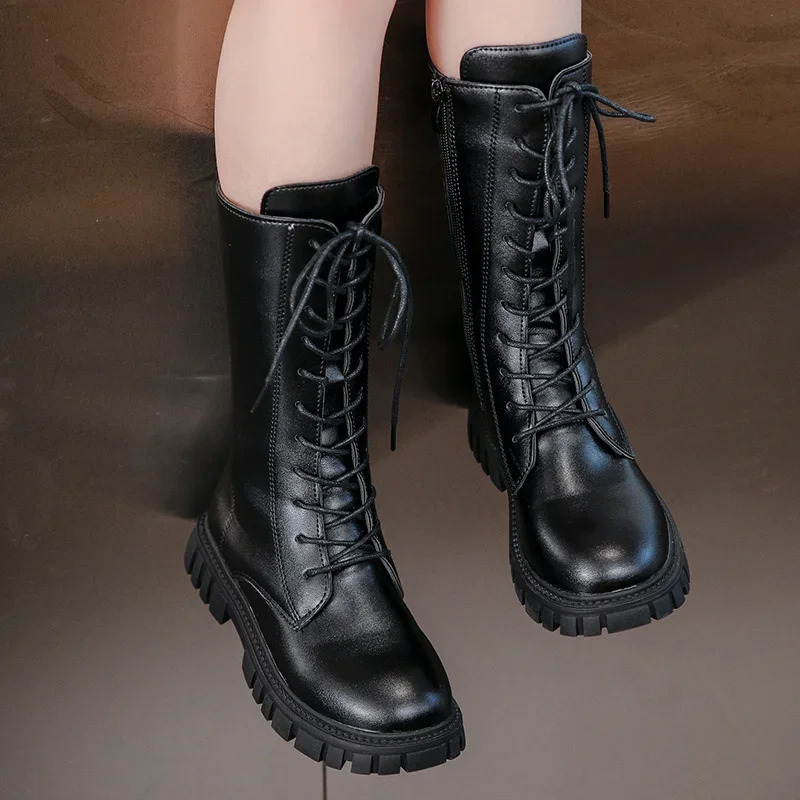 AutumnWinter ZIP Fashion Cool Baby Girls Warm Square Heel Round Toe Casual LaceUp Comfortable Kids Black Mid Boots 251017